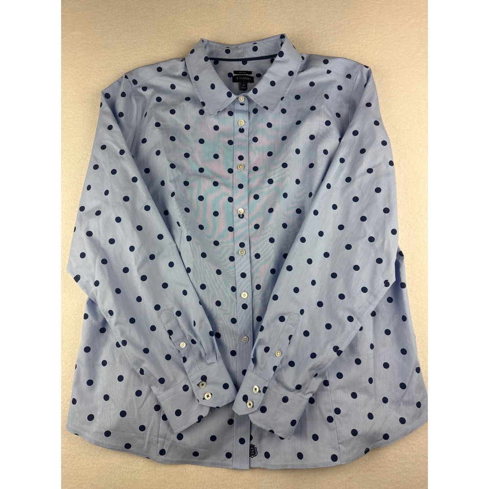 Talbots Womens 16 Light Blue Navy Polka Dot Non-Iron Cotton Button Down Shirt